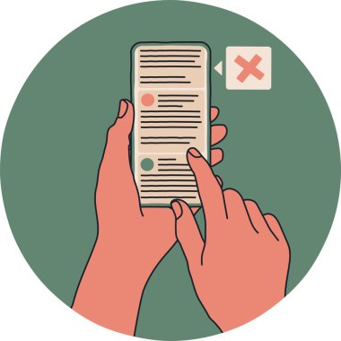 Akıllı telefon ya da sosyal medya beslemesi olan bir telefon kullanan biri. Kullanıcıyı olası bir yalan hakkında uyarmak için sahte haberlere ya da yanlış bilgilere işaret eden bir uyarı var. Basit çizgi film vektör çizimi