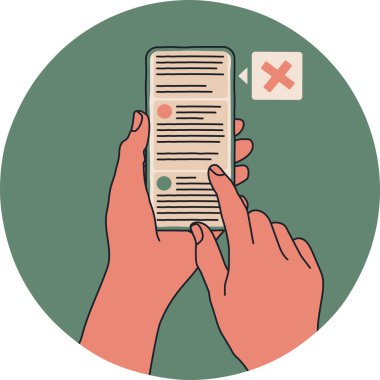 A person using a smartphone or a phone with social media feed. There is an alert pointing to the fake news or misinformation to warn the user about possible lie. Simple cartoon vector illustration clipart