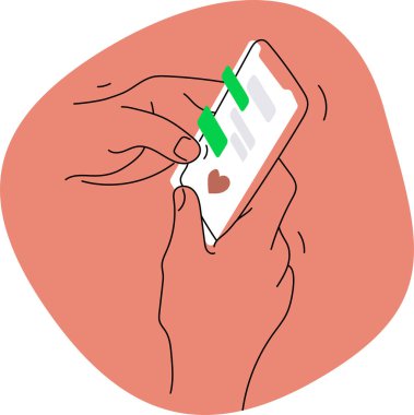 Sohbet açık olan bir telefon ya da akıllı telefon tutan eller ve kullanıcı konuşmayı kaydırırken ekranda görünen mesaj baloncukları. Renkli vektör düz çizgi film biçimi