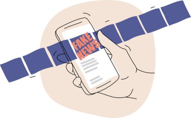 Illustration of a hand using a phone or a smartphone with the news feed open on the screen, there is a big red fake news flagging the misinformation. Flat cartoon style simple vector image clipart