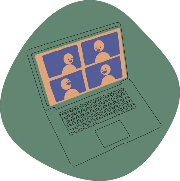 Illustration of a laptop computer with the conference call open, people talking on the screen online via the internet. Simple flat illustration cartoon style