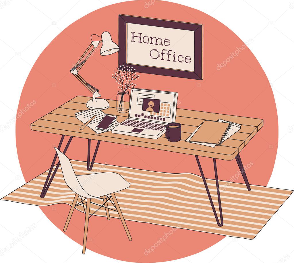 Cozy workspace, home office for freelancer or a person working remotely. A desktop with a laptop, smartphone, coffee, notebooks. Simple line art vector illustration