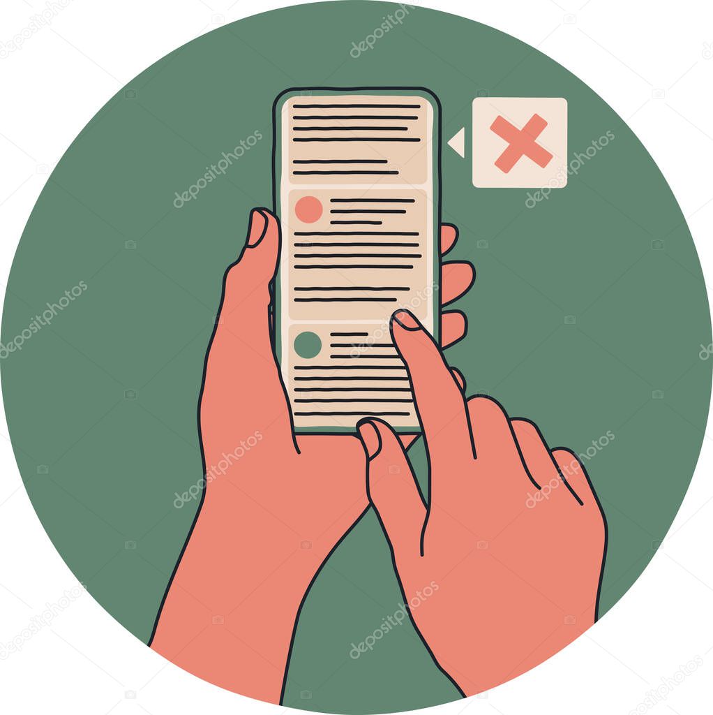 A person using a smartphone or a phone with social media feed. There is an alert pointing to the fake news or misinformation to warn the user about possible lie. Simple cartoon vector illustration