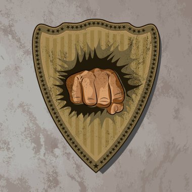 Fight.The vektör vintage kalkan koruma yumruk pul sembol etiket