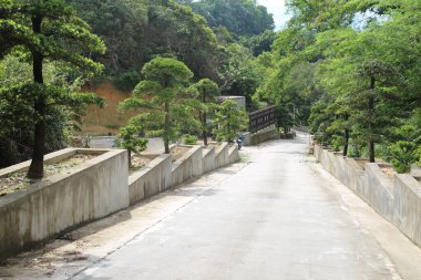 Her iki tarafında beton duvarlar ve içinde küçük ağaçlar olan parka giden geniş bir yol var. Üzerinde yeşilliğin başka bir kısmına uzanan demir bir köprü var..