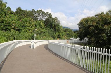 Hong Kong 'da yükseltilmiş bir yaya köprüsünün yanında yeşil ağaçlar ve arkasında mavi bir gökyüzü olan beyaz bir çit var. Önde, başka bir köprü su boyunca uzanır, botlara bağlanır ve yemyeşil ormanlara geri döner..