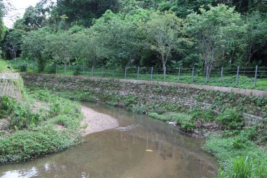 Önündeki ve arkasındaki küçük nehrin duvarları, her iki tarafında yeşil bitki örtüsü ve her iki tarafında yeşil bitki örtüsü olan demir bir ağ çiti olan açık hava taş duvarına sahip ve akarsuların her iki ucunda da ağaçlar var..