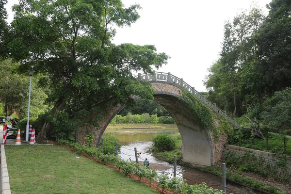 Taştan bir köprü önünüzdeki dere boyunca uzanır, her iki tarafında yeşil ağaçlar ve çimenler vardır. Etrafını demir bir çit sarmış, kenarlarında trafik konileri var..