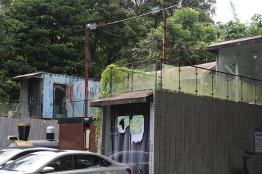 Singapur 'daki terk edilmiş, eski bir binanın dış duvarı ve çatısını biraz grafiti ile görmek. Olay yerinde yan yana iki büyük konteynır var. Aralarında büyüyen bir yeşillik var..