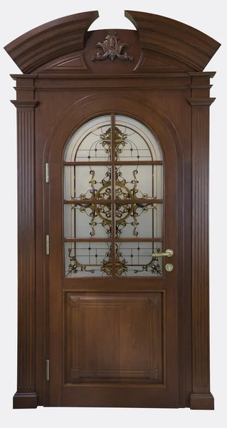 Drewniane Drzwi Okna Witrażowe Kute Kraty Ozdoby Architektoniczne Wszystko Białym — Zdjęcie stockowe