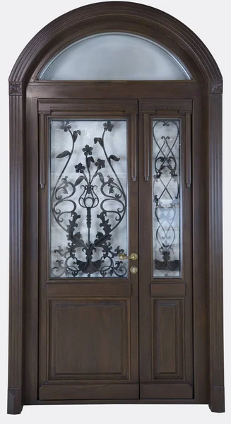 wooden doors with stained-glass windows, forged grills and ornaments architectural detail on an isolated background