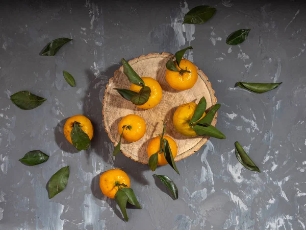 tangerines with leaves on a wooden disk, gray background
