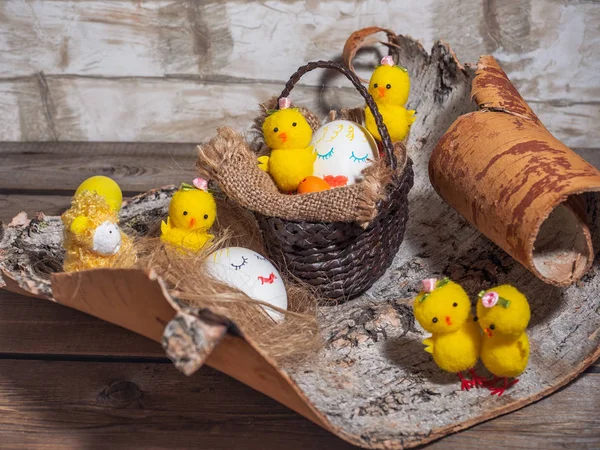 Easter eğlenceli resim yüzler, tavuk oynamak boyalı yumurta ile Kuru kabuk üzerinde yer alan.