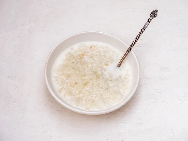 Milk Rice Porridge Deep Plate Vintage Spoon Plate White Table — Stock Photo, Image