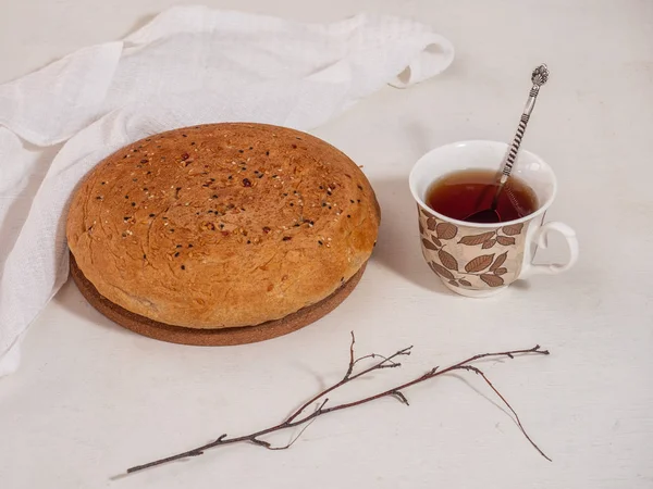 Homemade Bread Sprinkled Flax Sesame Seeds Cup Tea Ceramic Mug — Stock Photo, Image