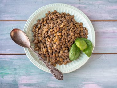 Haşlanmış mercimek ve fesleğen yakın çekim taze bir sprig ile Tabak