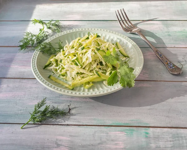 Salade légère avec katusta frais et concombres aux herbes épicées sur une assiette ronde de laitue sur une table à planches — Photo