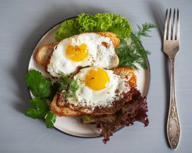 Yuvarlak bir tabakta marul yaprakları üzerinde çırpılmış yumurta ile sandviç hızlı bir kahvaltı