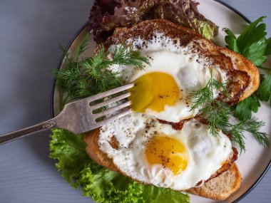 Yuvarlak bir tabakta marul yaprakları üzerinde çırpılmış yumurta ile sandviç Hızlı besleyici Kahvaltı