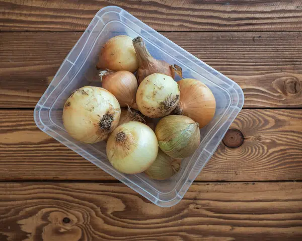 Κοντινό πλάνο δοχείου με μη αποφλοιωμένα κρεμμύδια σε ξύλινο τραπέζι — Φωτογραφία Αρχείου