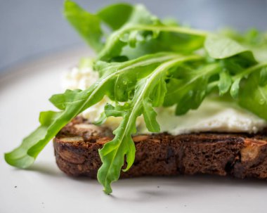 Hafif kahvaltı, peynirli sandviç ve çavdar ekmeği üzerine roka. Hafif bir tabakta yakın plan, bulanık odaklı.