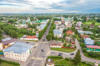 Çan kulesinden Panorama, Suzdal, Rusya. Tepeden eski şehir manzarası