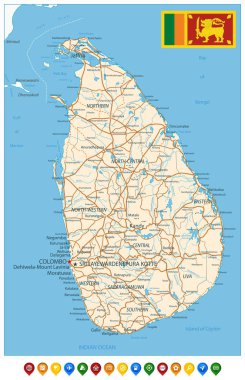 Sri Lanka Detaylı Harita ve Renkli Simgeler