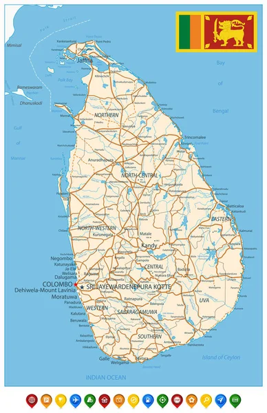 Sri Lanka Mapa detallado e iconos de colores — Archivo Imágenes Vectoriales