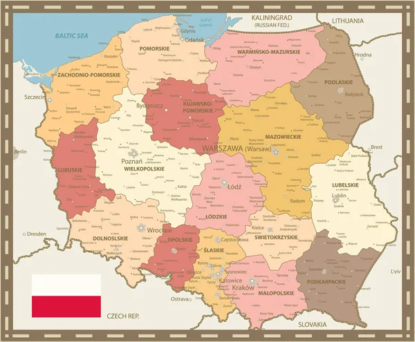 Mapa Polski kolor Vintage — Wektor stockowy