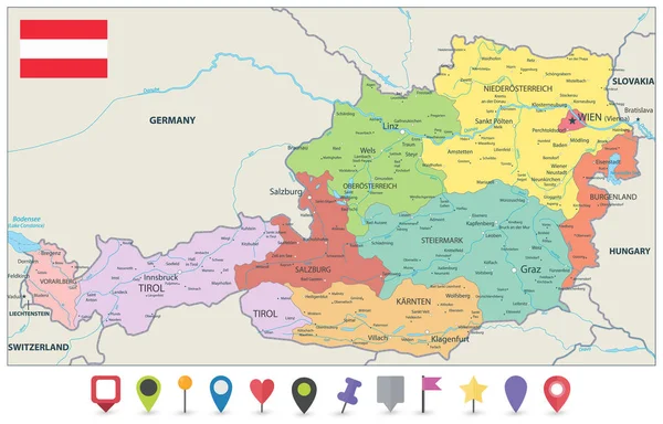 Austria Mapa administrativo y planos Iconos — Archivo Imágenes Vectoriales