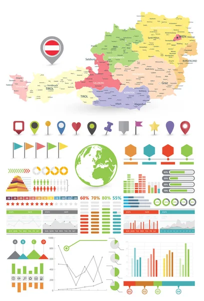 Austria mappa e infografica elementi di design. Design colorato — Vettoriale Stock