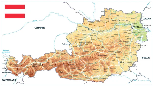 Mapa fizyczna Austria izolowane na białym — Wektor stockowy