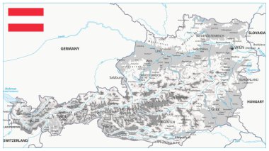 Avusturya Fiziksel Haritası Beyaz ve Gri