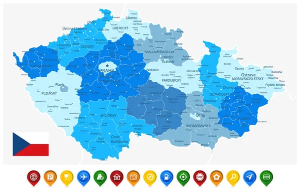 Tjeckien blå karta och färgade karta ikoner — Stock vektor