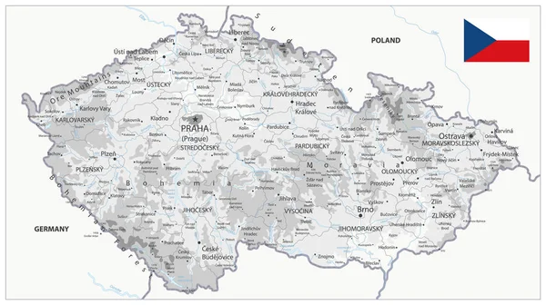 República Checa Mapa Físico Blanco y Gris — Vector de stock