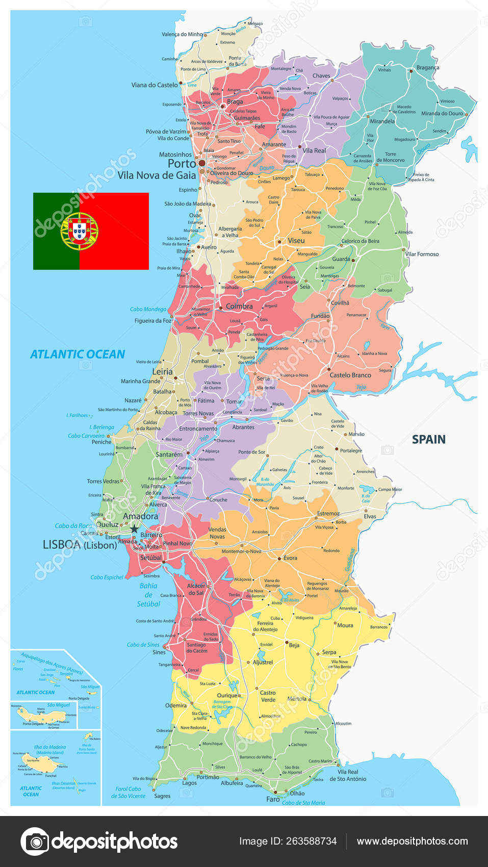 Portugal Mapa Divisões Administrativas e Estradas imagem vetorial