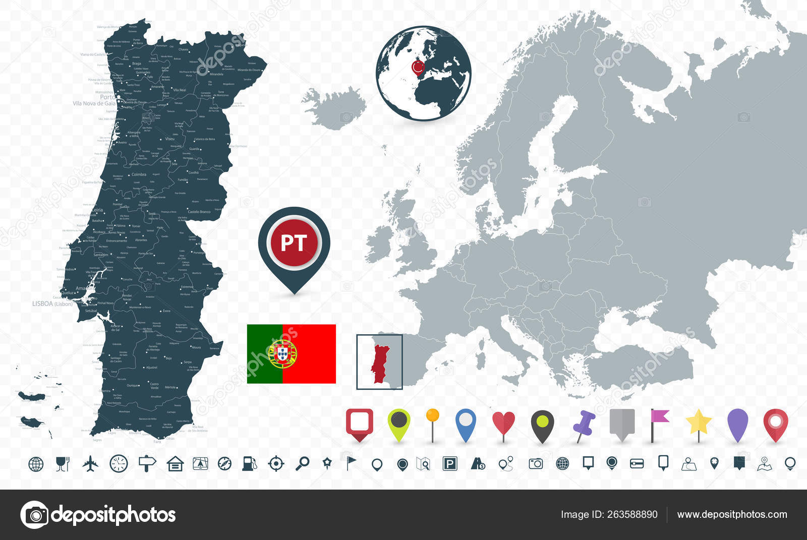 mapa de Portugal altamente detalhado com bandeira, capital e