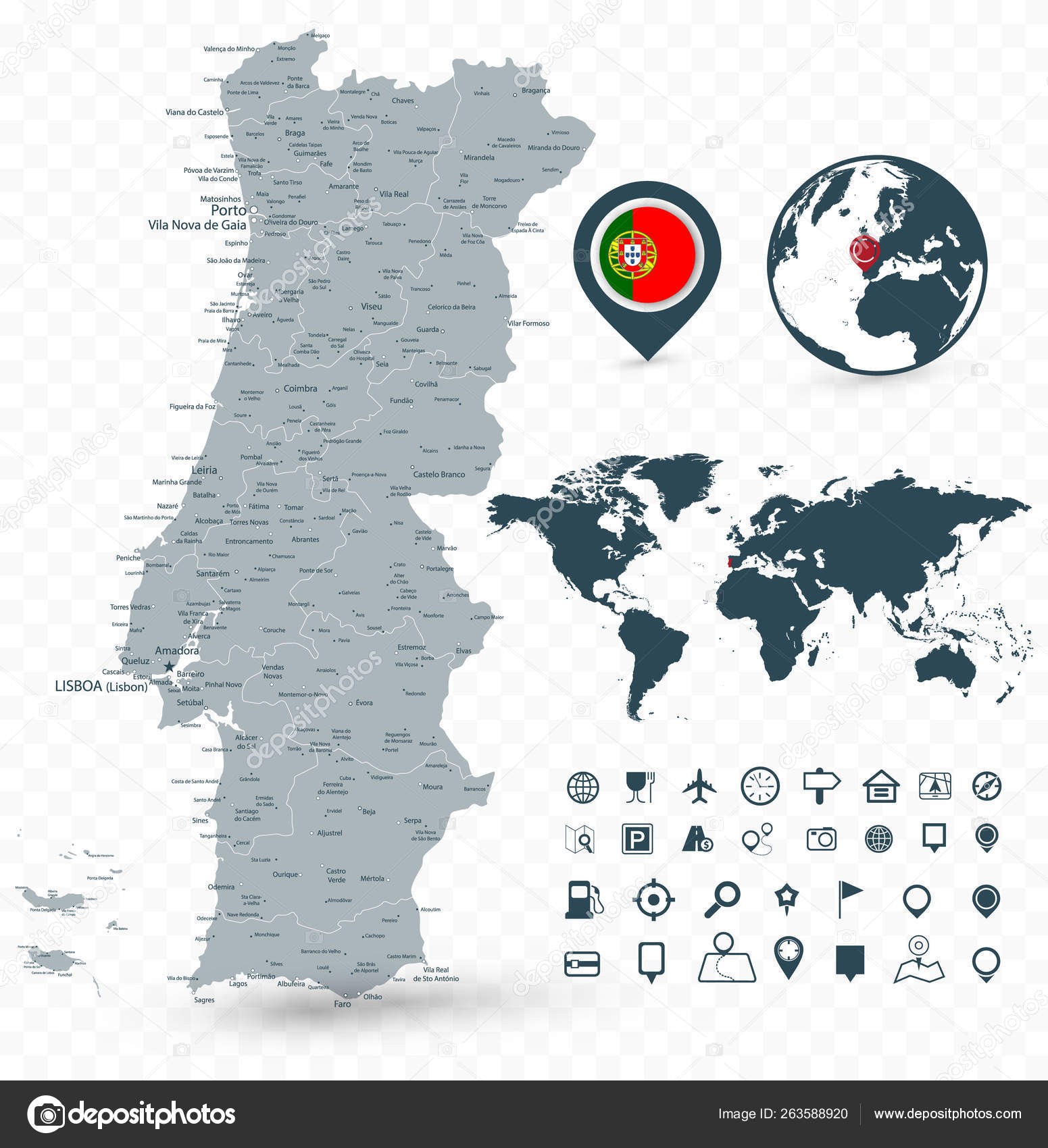 Pin mapa com mapa detalhado de portugal e países vizinhos