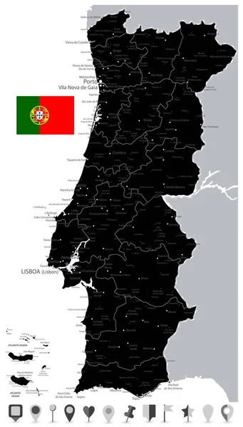 Mapa preto de Portugal e ícones de mapa plano — Vetor de Stock
