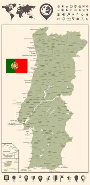 Португалия Карта и карта мира с навигационными иконками — стоковый вектор