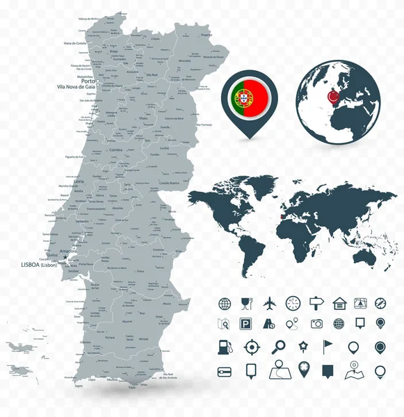 Portugal Mapa e Mapa Mundial isolados sobre fundo transparente — Vetor de Stock