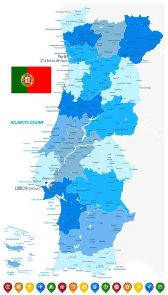 Mapa de Portugal Colores azules y iconos del mapa de colores — Vector de stock