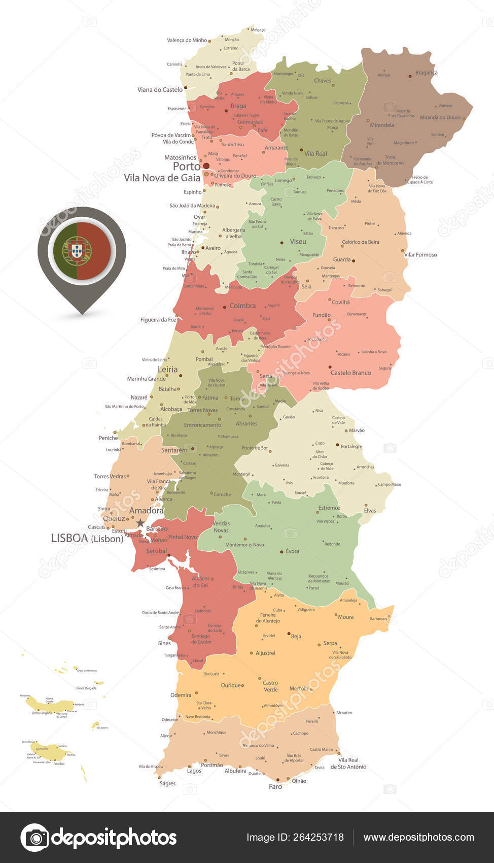 Portugal Mapa político Cor vintage imagem vetorial de Cartarium