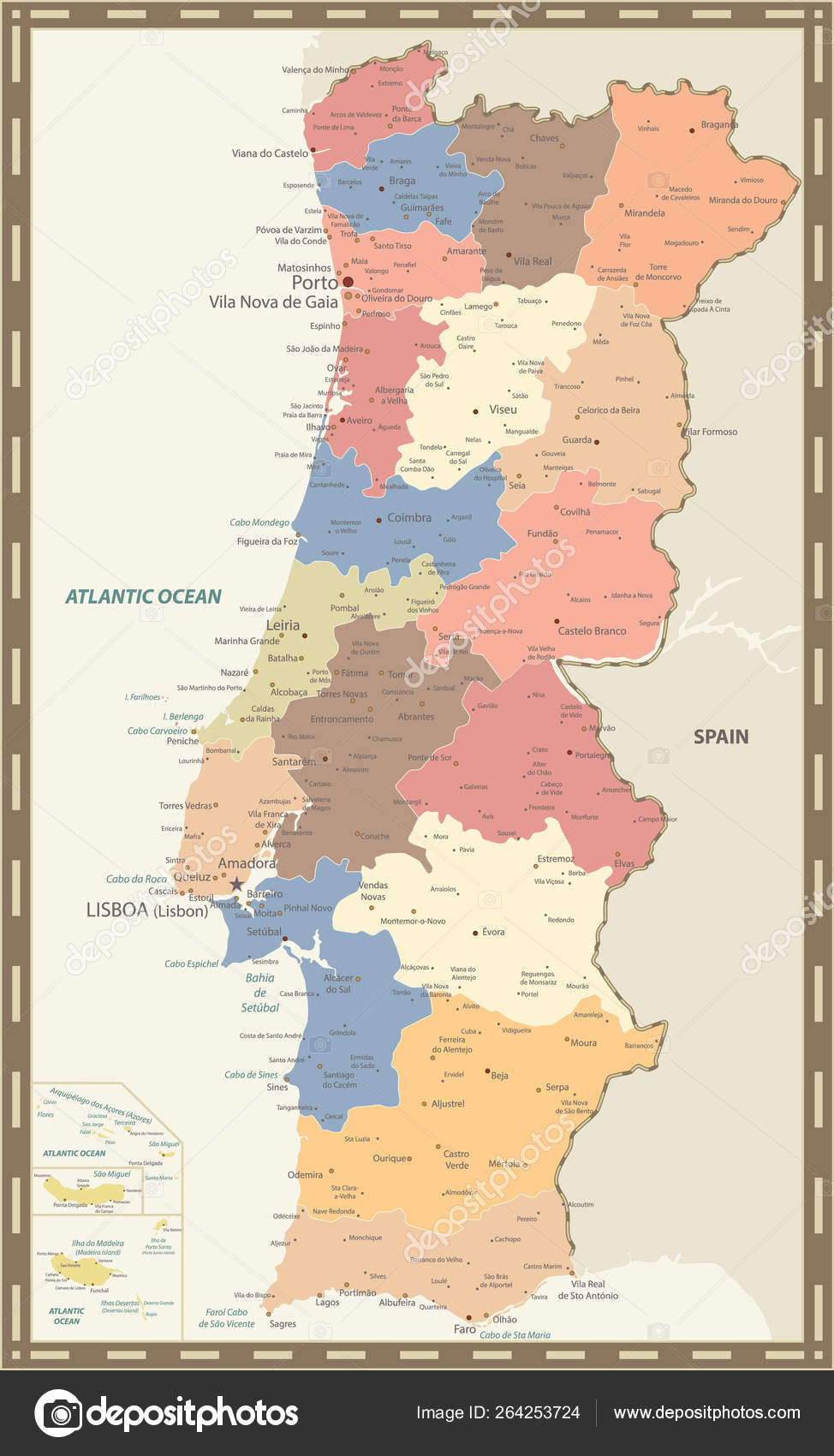 Portugal Mapa político Cor vintage imagem vetorial de Cartarium