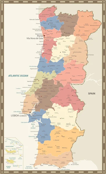 Πορτογαλία Χάρτης ρετρό χρώμα — Διανυσματικό Αρχείο