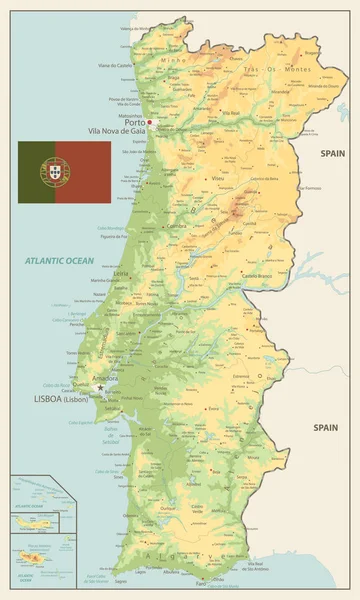 葡萄牙 物理地图复古颜色 — 图库矢量图片