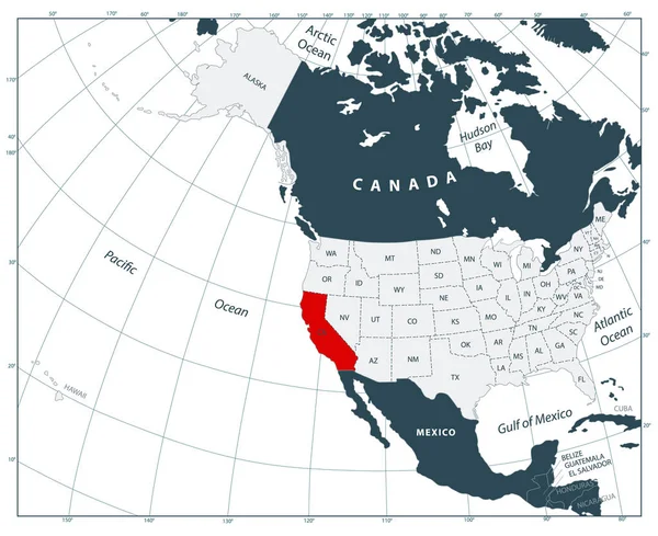 Situation de Californie sur la carte d'Amérique du Nord et situation aux États-Unis — Image vectorielle