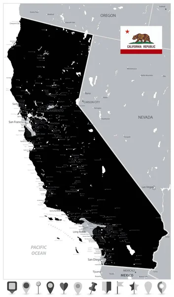 Karta över California State svart färg och platt karta ikoner — Stock vektor