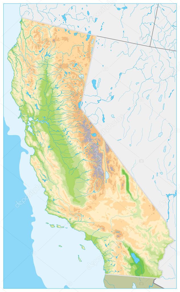 Highly Detailed Physical Map of California. No text