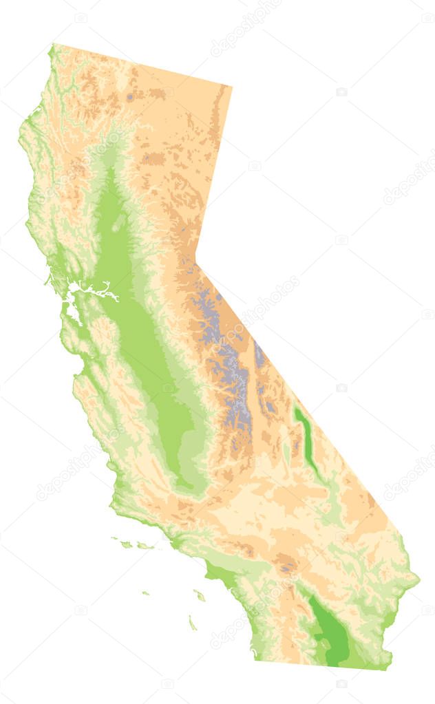 Physical Map of California Isolated On White - No text